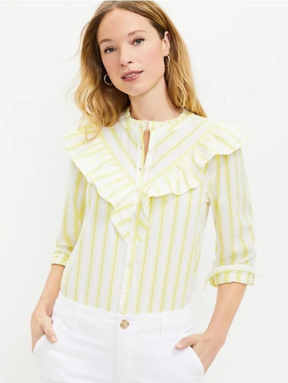 Ann Taylor LOFT Yellow Striped Ruffle Long Sleeve Button Blouse M Cotton